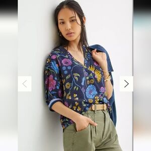 Maeve BY Anthropologie Navy Blue Blouse with Colorful Floral Design